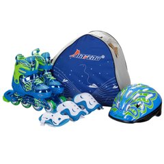 Роликовые коньки раздвижные детские в наборе защита, шлем, сумка JINGFENG 189 (колесо-PU светящ., р-р 31-38, цвета в ассортименте)